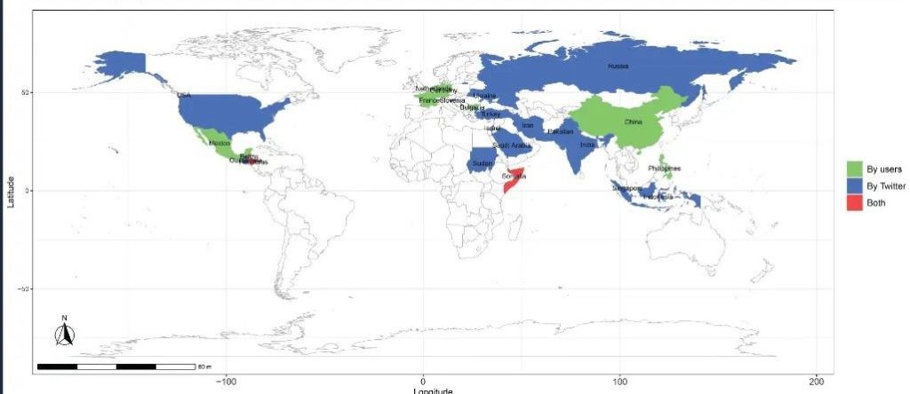 نقشه کشورهایی که توییتر، محتوای کاربران آن‌ها را حذف کرده است.