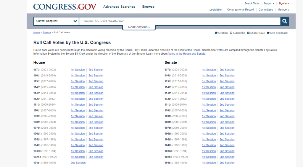 داده‌های مربوط به آراء نمایندگان آمریکا در سایت congress.gov