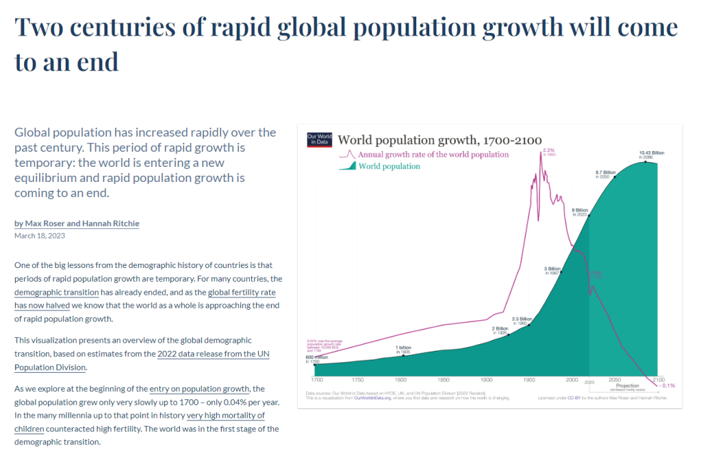 لینک مربوط به آمار منتشر شده در سایت Our World in Data در رابطه با تعادل جدید در جمعیت جهان